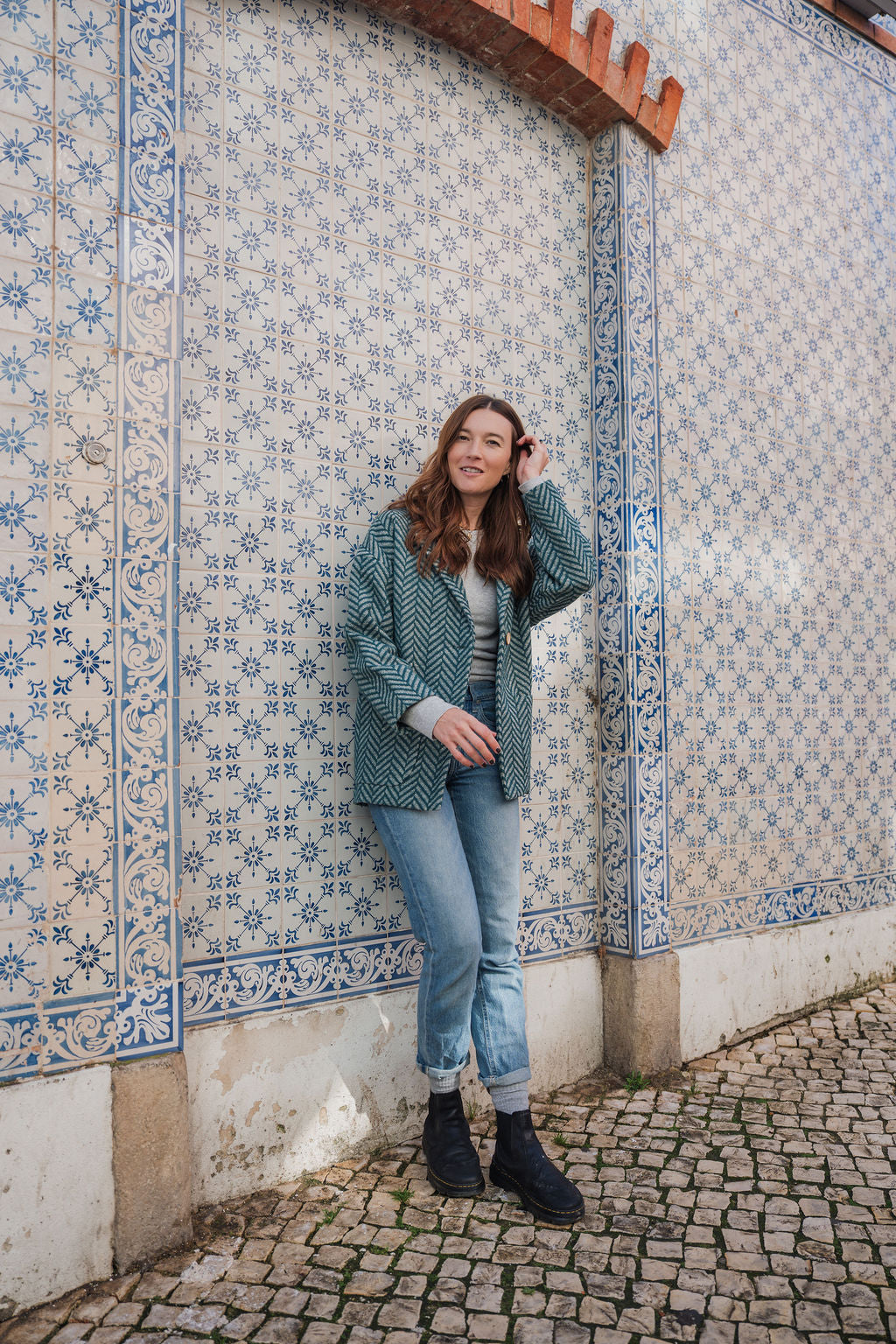 Portuguese Wool Pieper Coat in Teal Herringbone Made to Order