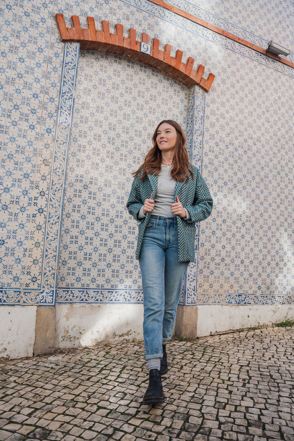 Portuguese Wool Pieper Coat in Teal Herringbone Made to Order