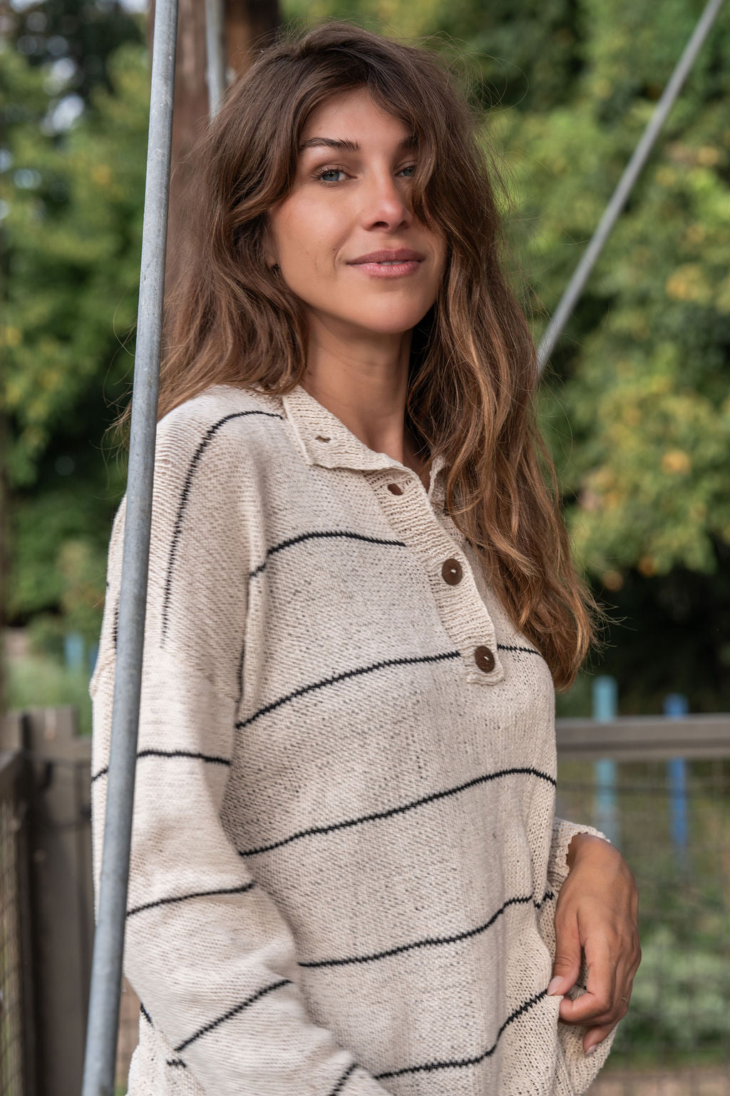 Dorothy Cotton Sweater in Cream and Black Stripe Made to Order