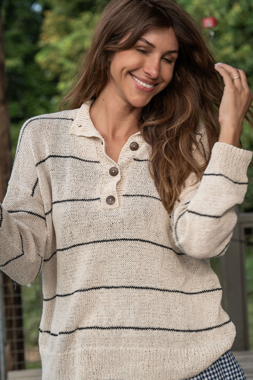 Dorothy Cotton Sweater in Cream and Black Stripe Made to Order