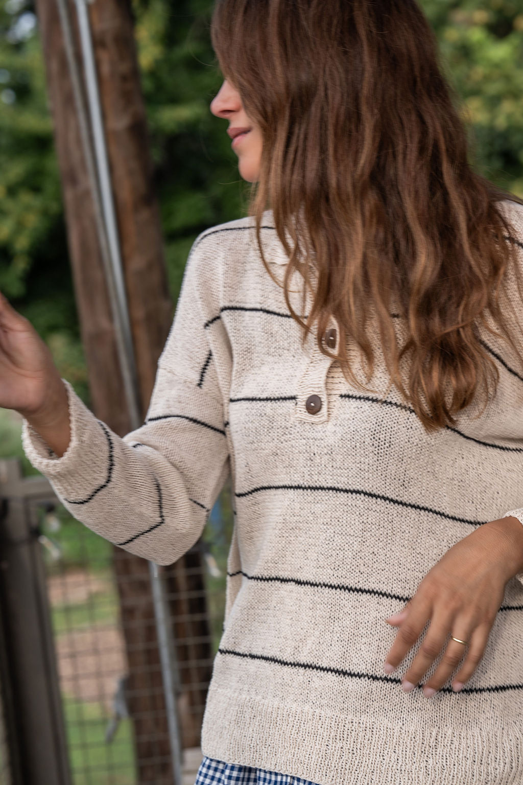 Dorothy Cotton Sweater in Cream and Black Stripe Made to Order