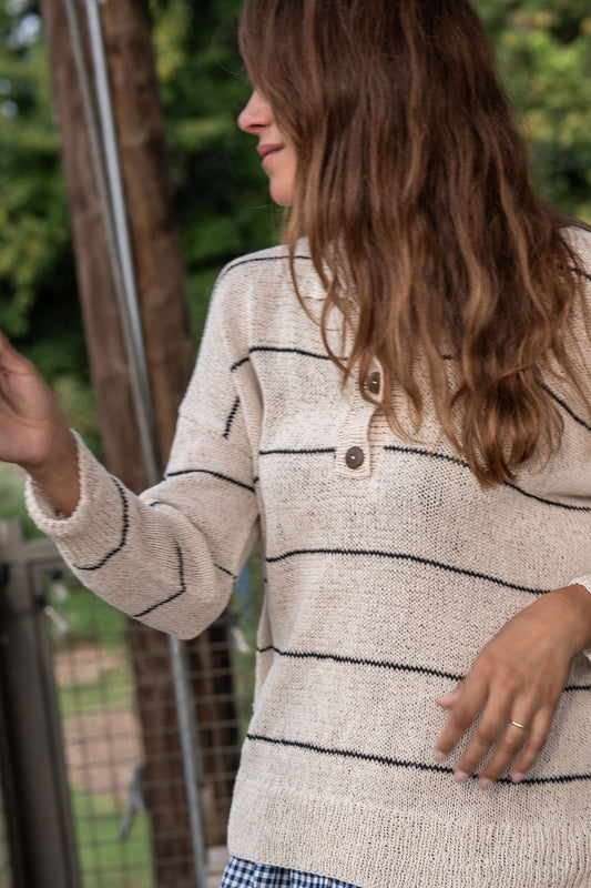 Dorothy Cotton Sweater in Cream and Black Stripe Made to Order