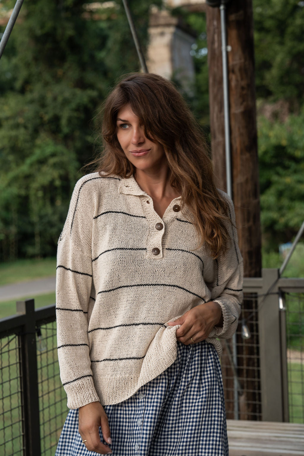 Dorothy Cotton Sweater in Cream and Black Stripe Made to Order