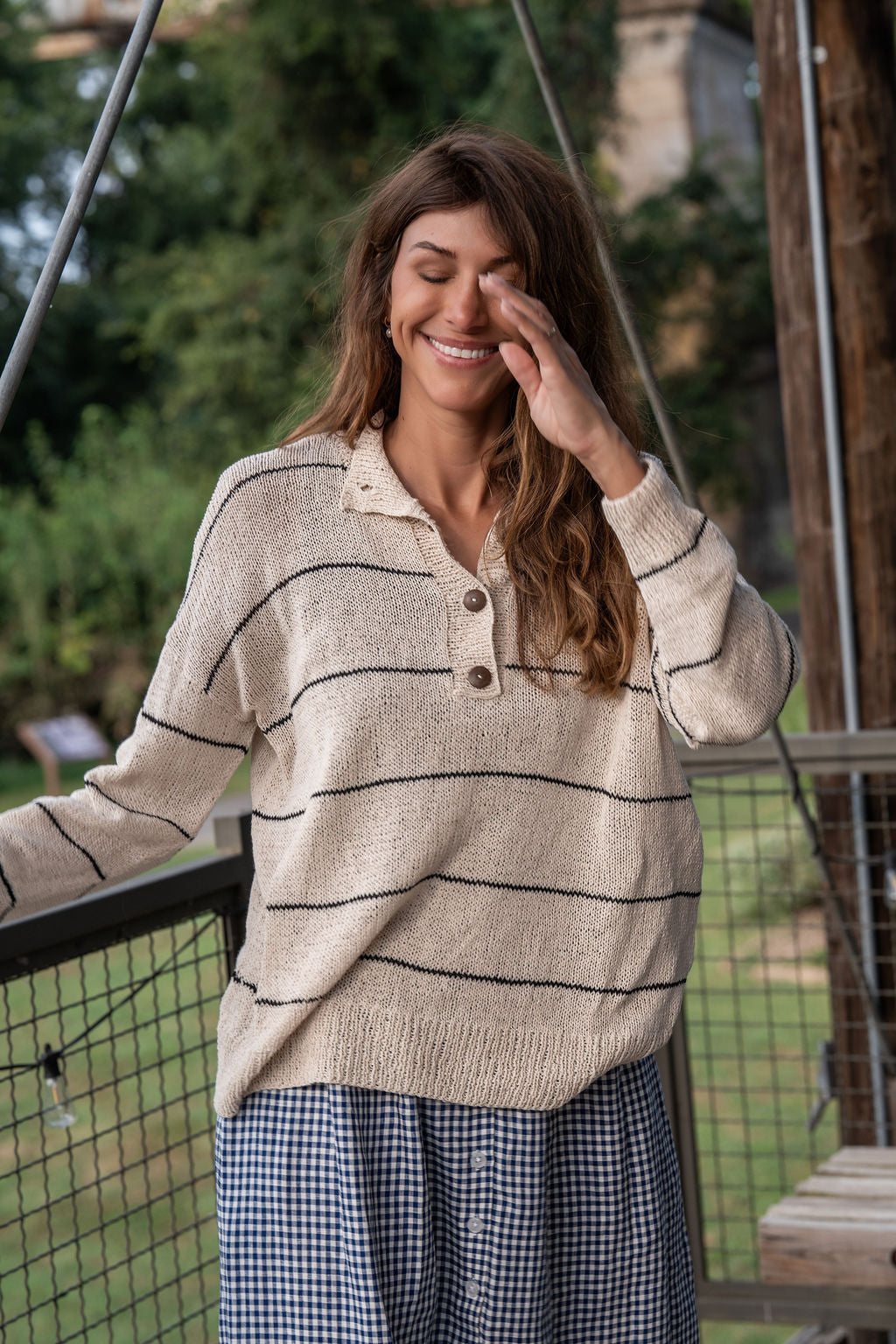 Dorothy Cotton Sweater in Cream and Black Stripe Made to Order