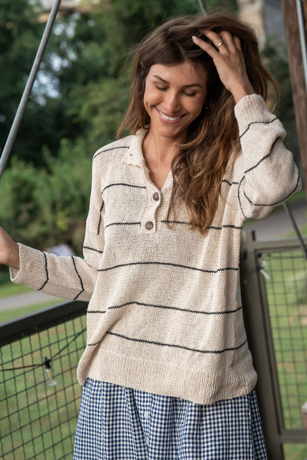 Dorothy Cotton Sweater in Cream and Black Stripe Made to Order
