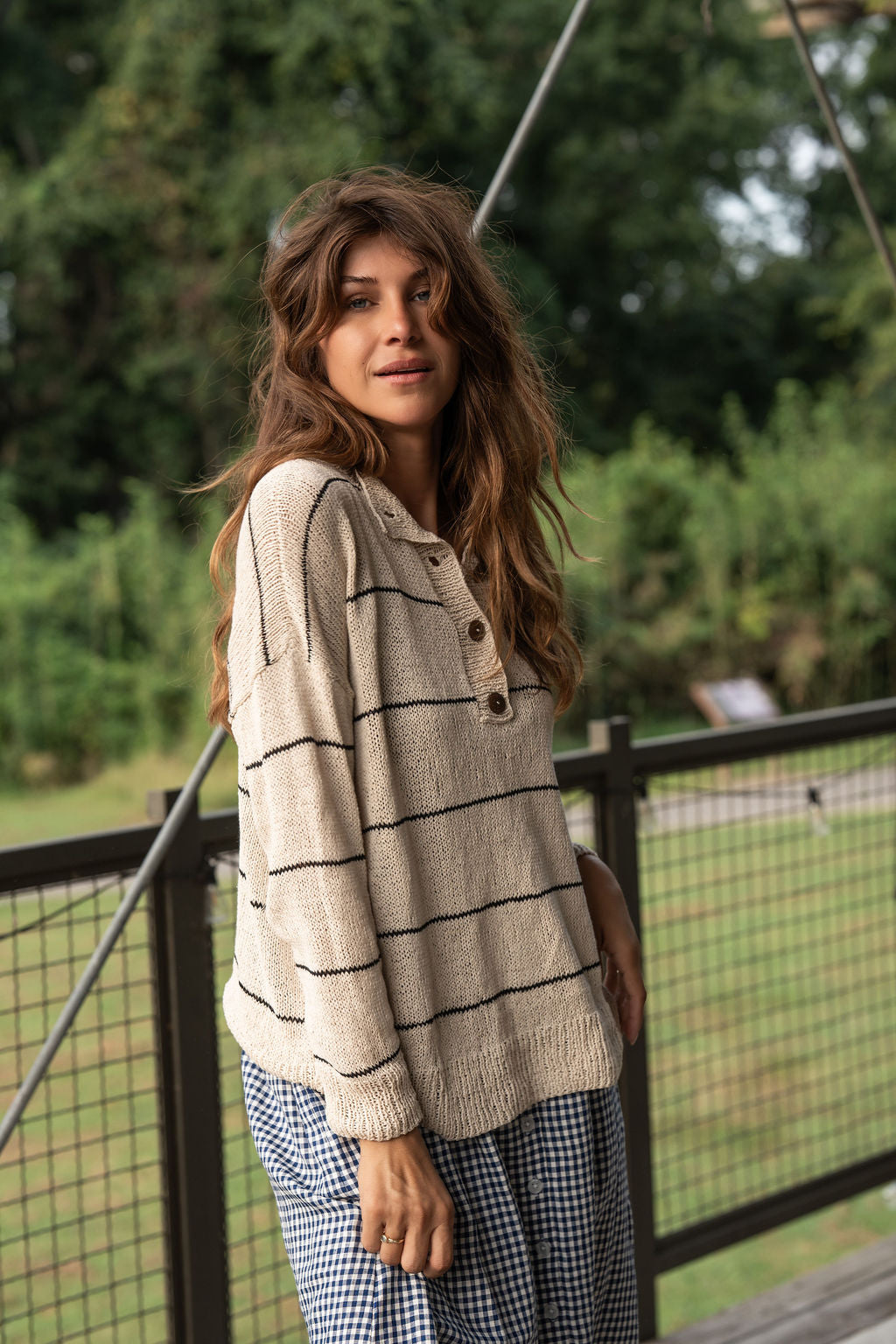 Dorothy Cotton Sweater in Cream and Black Stripe Made to Order