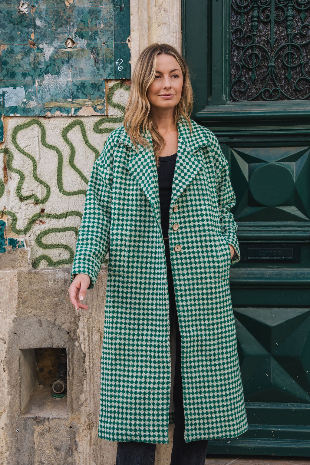 Portuguese Wool Polly Coat in Green and White Check Made to Order
