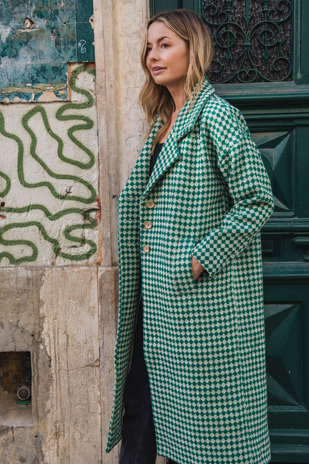 Portuguese Wool Polly Coat in Green and White Check Made to Order
