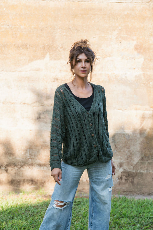 Trish Lace Cotton Sweater in Pine Green Made to Order