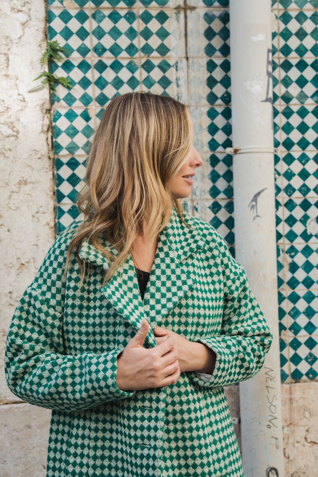 Portuguese Wool Polly Coat in Green and White Check Made to Order