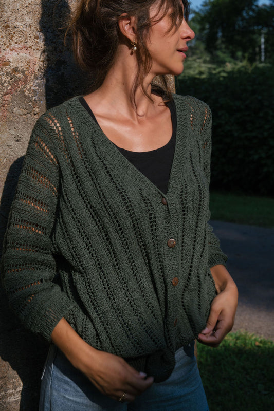 Trish Lace Cotton Sweater in Pine Green Made to Order