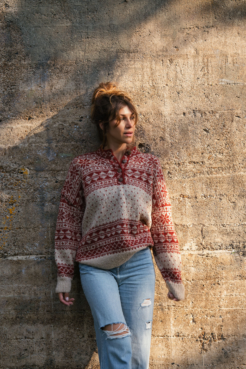 Imogene Oversized Wool Henley in Snowflake Print Made to Order