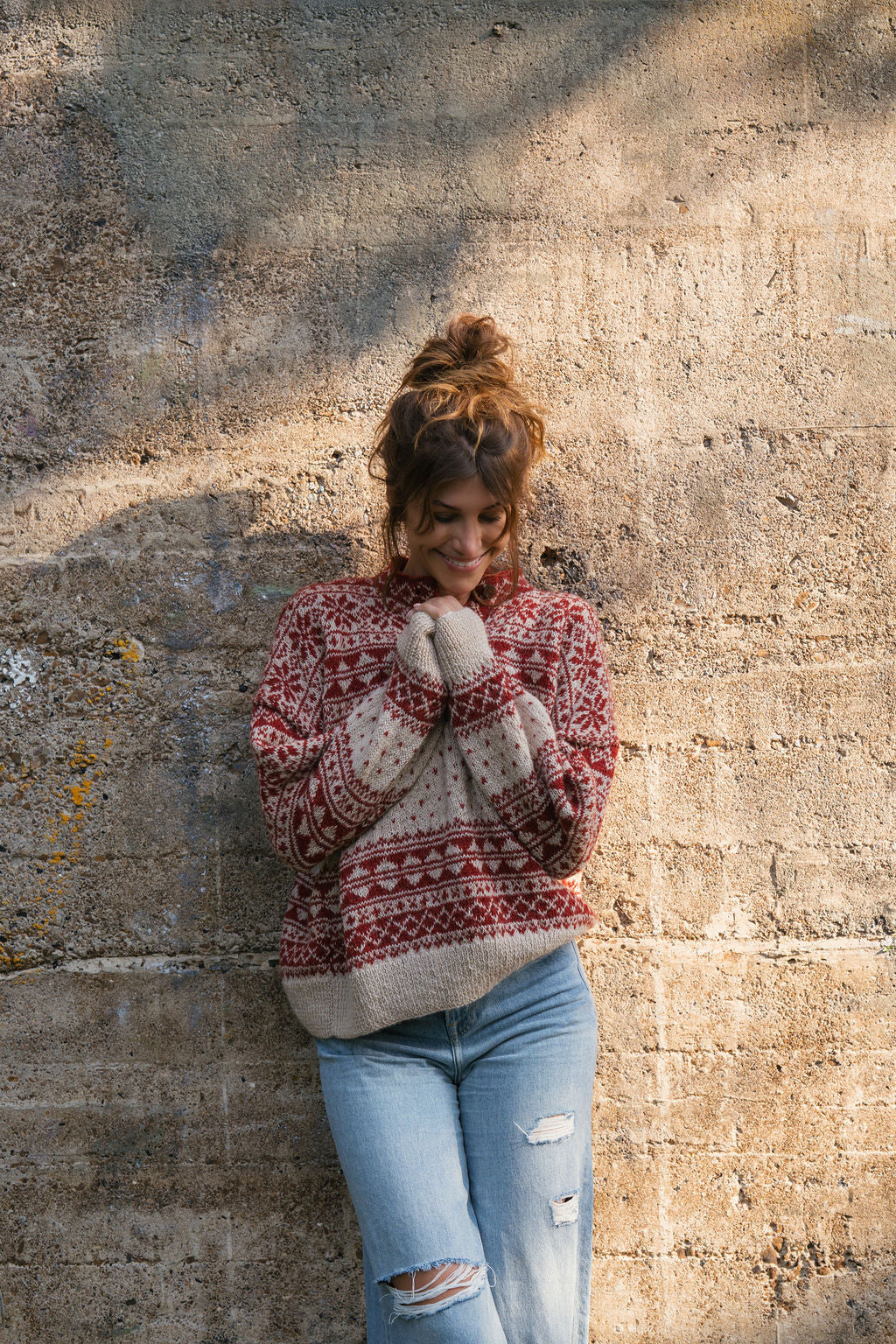 Imogene Oversized Wool Henley in Snowflake Print Made to Order