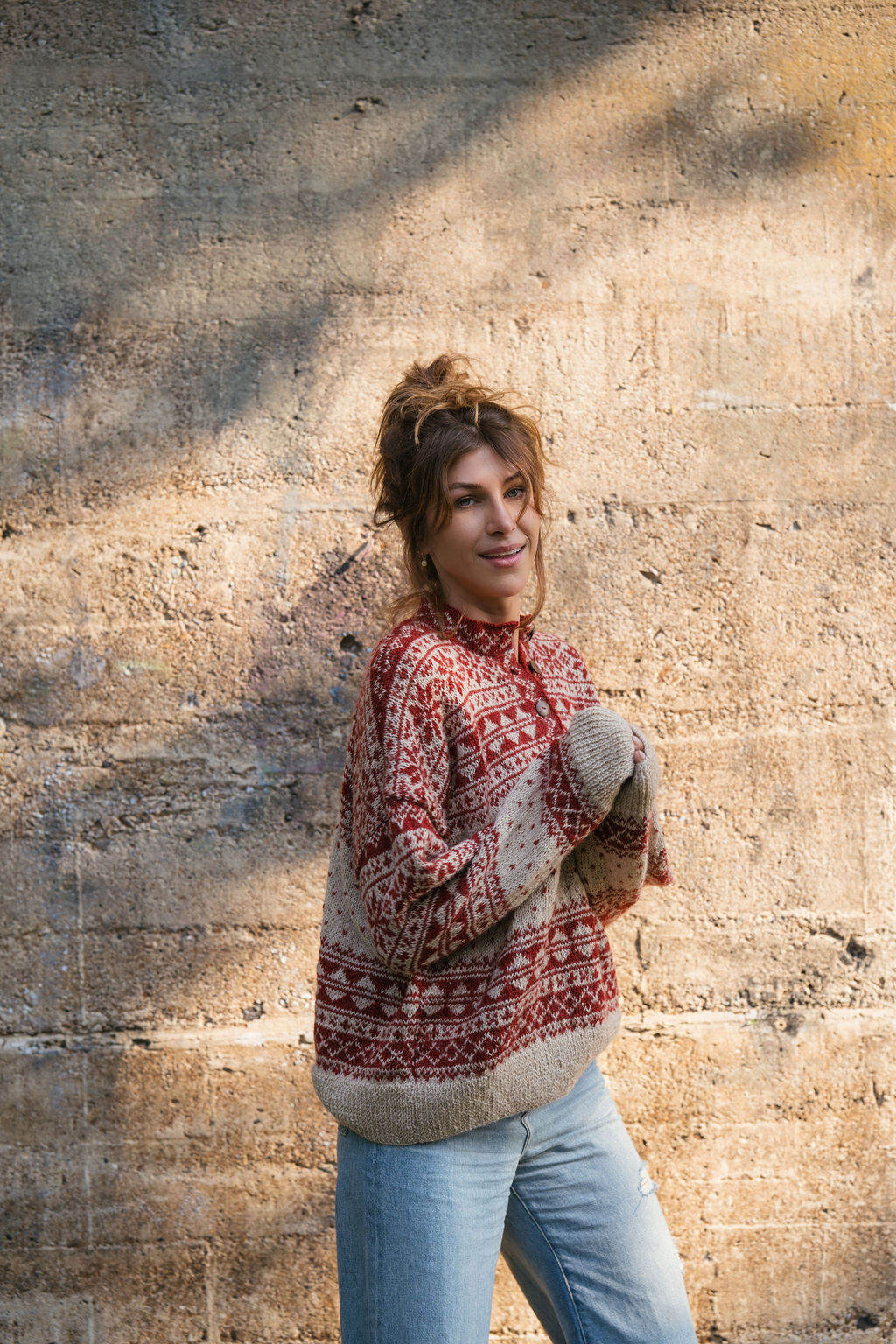 Imogene Oversized Wool Henley in Snowflake Print Made to Order