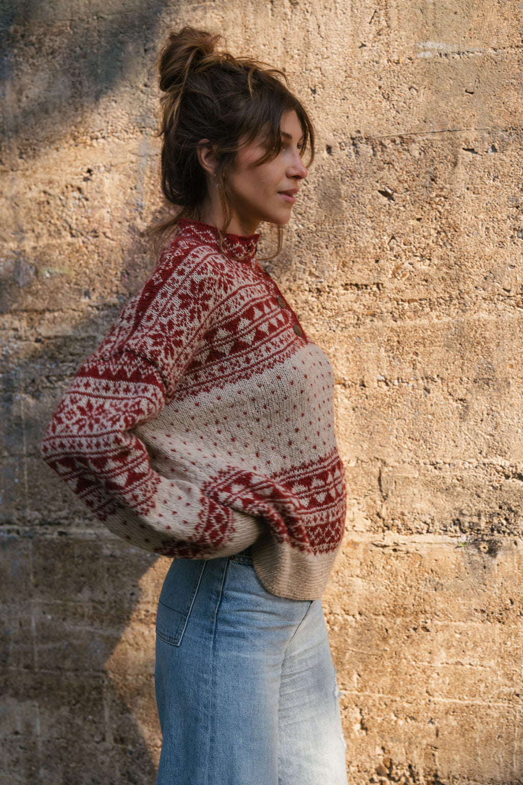 Imogene Oversized Wool Henley in Snowflake Print Made to Order