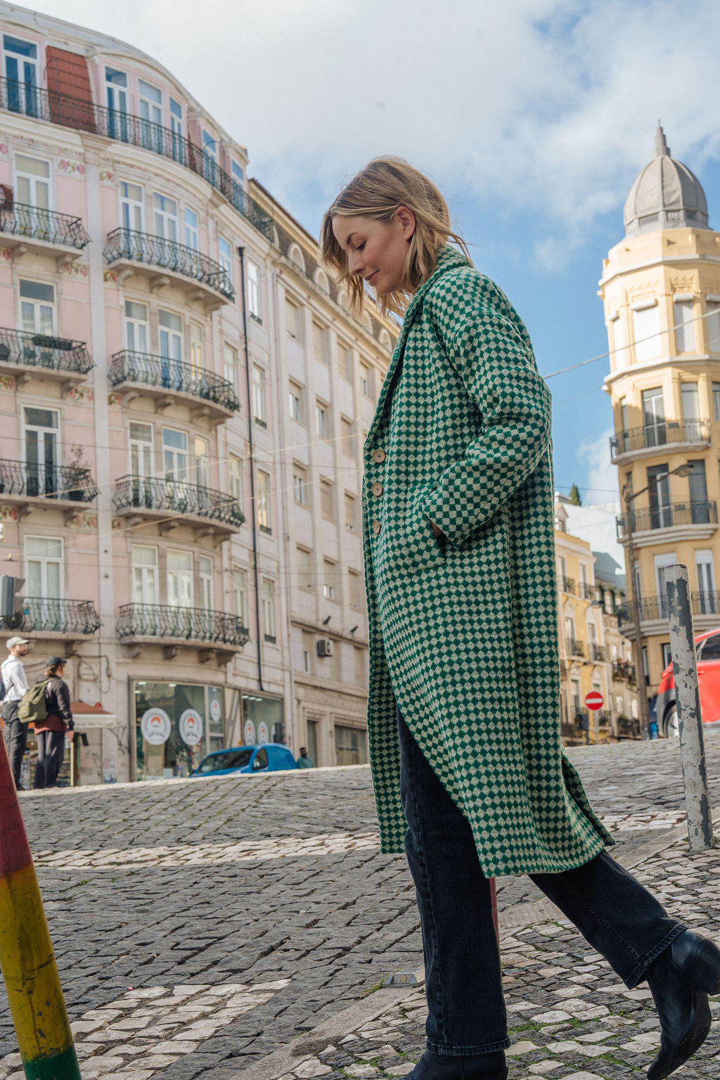 Portuguese Wool Polly Coat in Green and White Check Made to Order