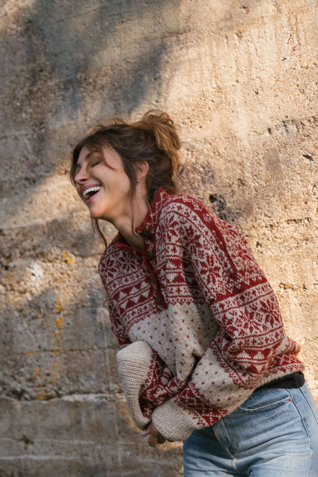 Imogene Oversized Wool Henley in Snowflake Print Made to Order