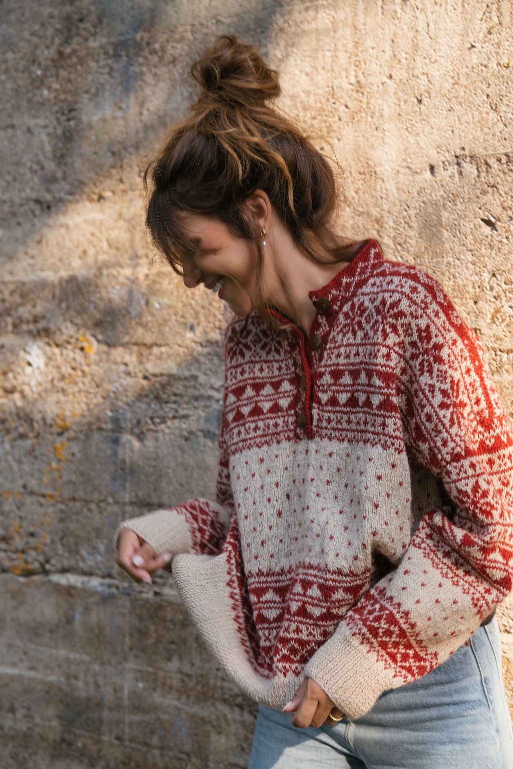 Imogene Oversized Wool Henley in Snowflake Print Made to Order
