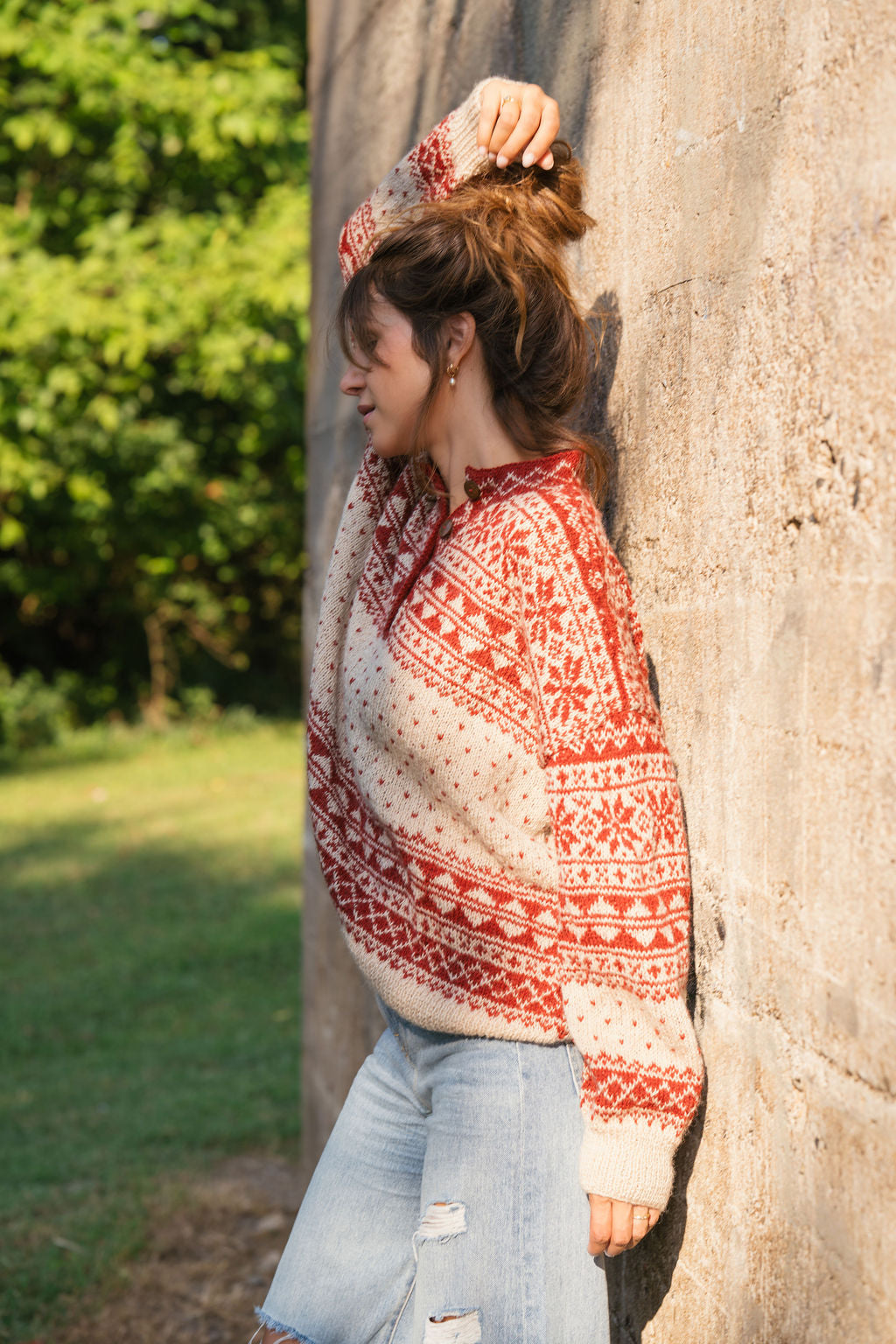 Imogene Oversized Wool Henley in Snowflake Print Made to Order
