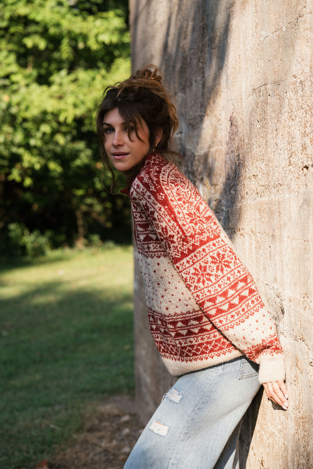 Imogene Oversized Wool Henley in Snowflake Print Made to Order