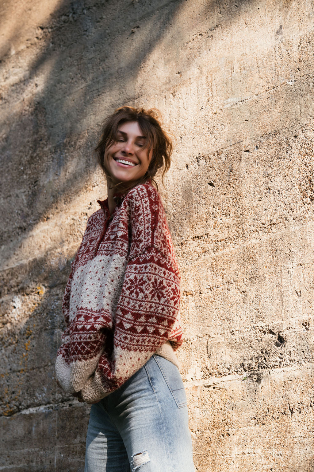 Imogene Oversized Wool Henley in Snowflake Print Made to Order