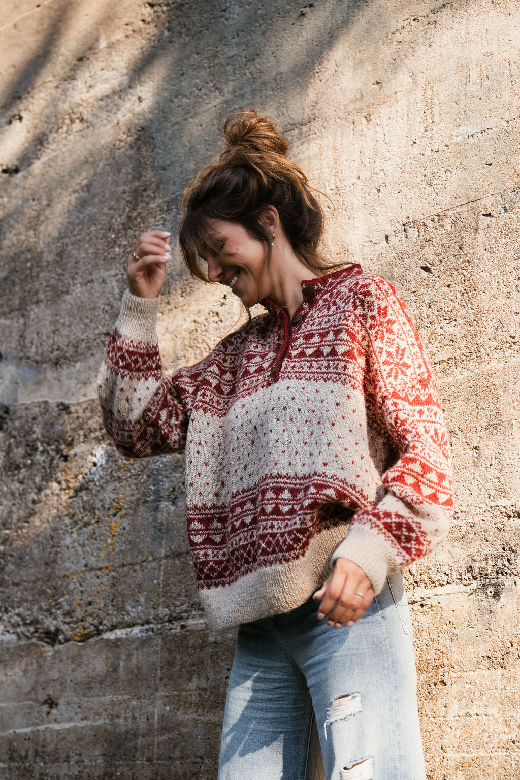 Imogene Oversized Wool Henley in Snowflake Print Made to Order