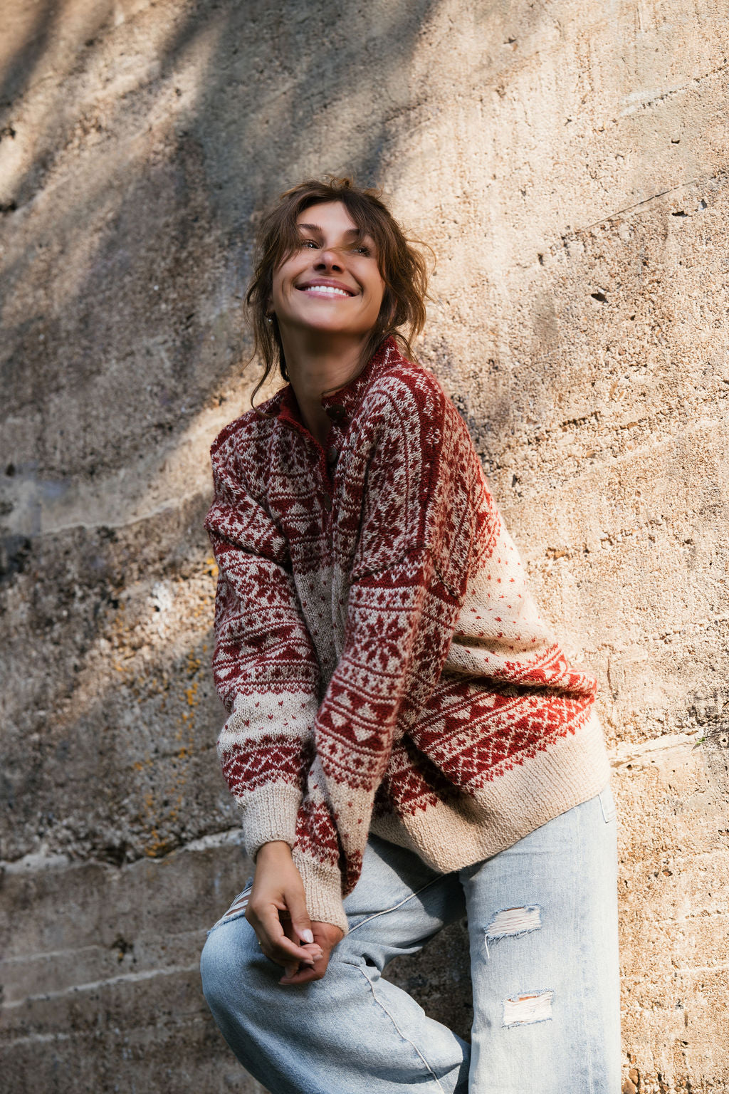 Imogene Oversized Wool Henley in Snowflake Print Made to Order