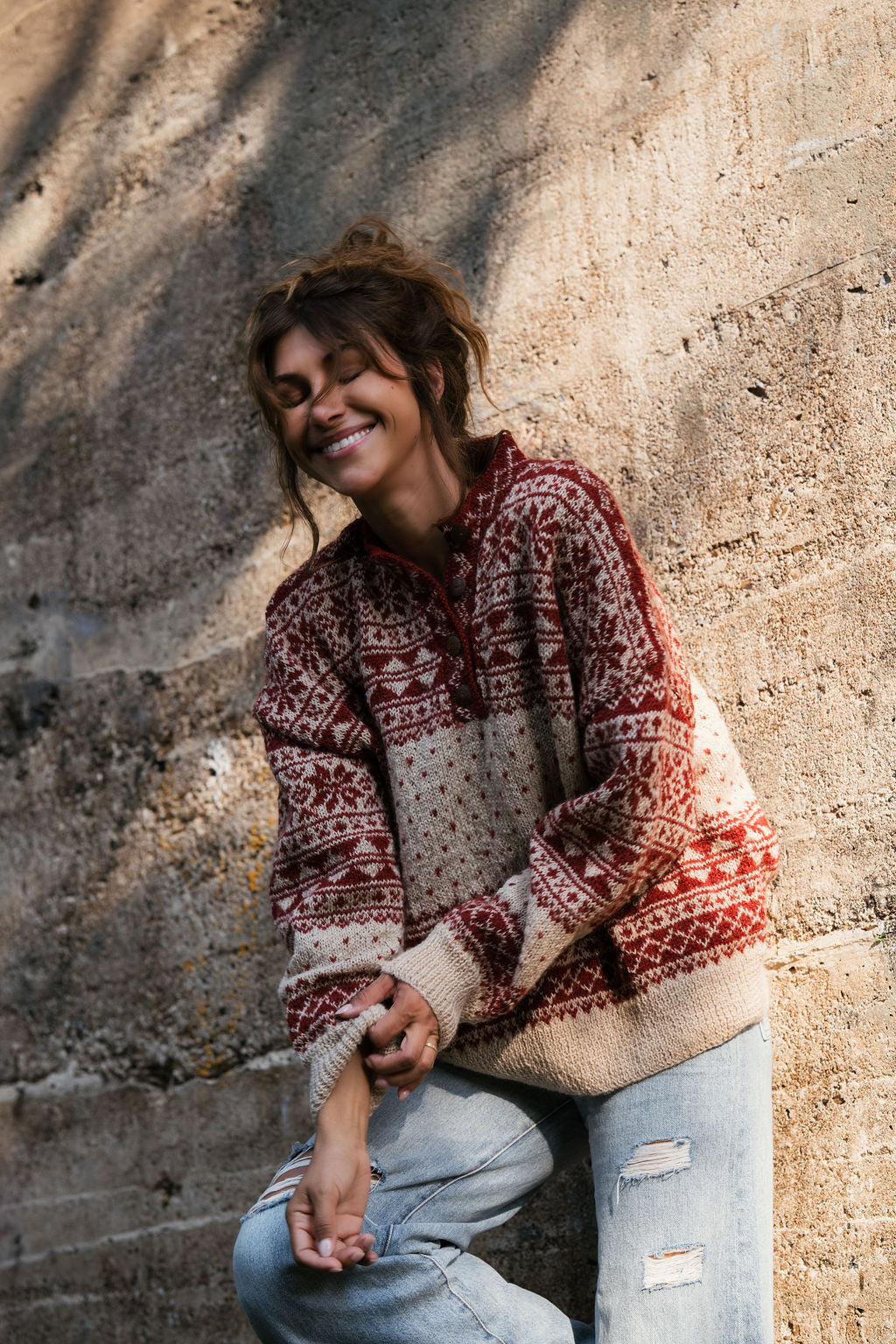 Imogene Oversized Wool Henley in Snowflake Print Made to Order