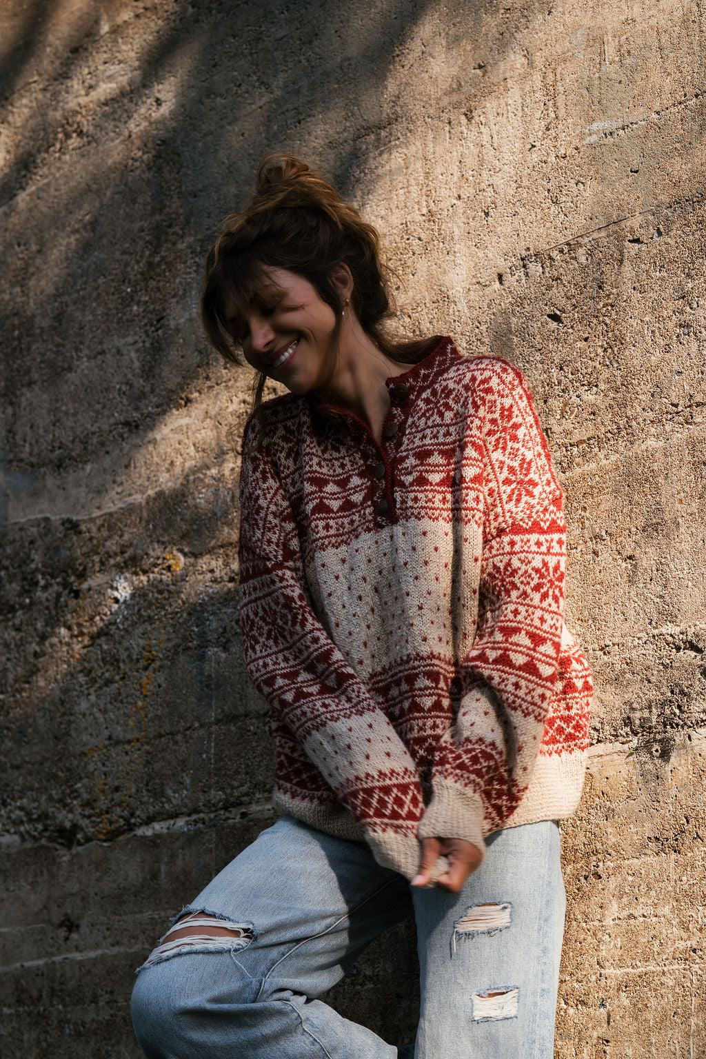 Imogene Oversized Wool Henley in Snowflake Print Made to Order