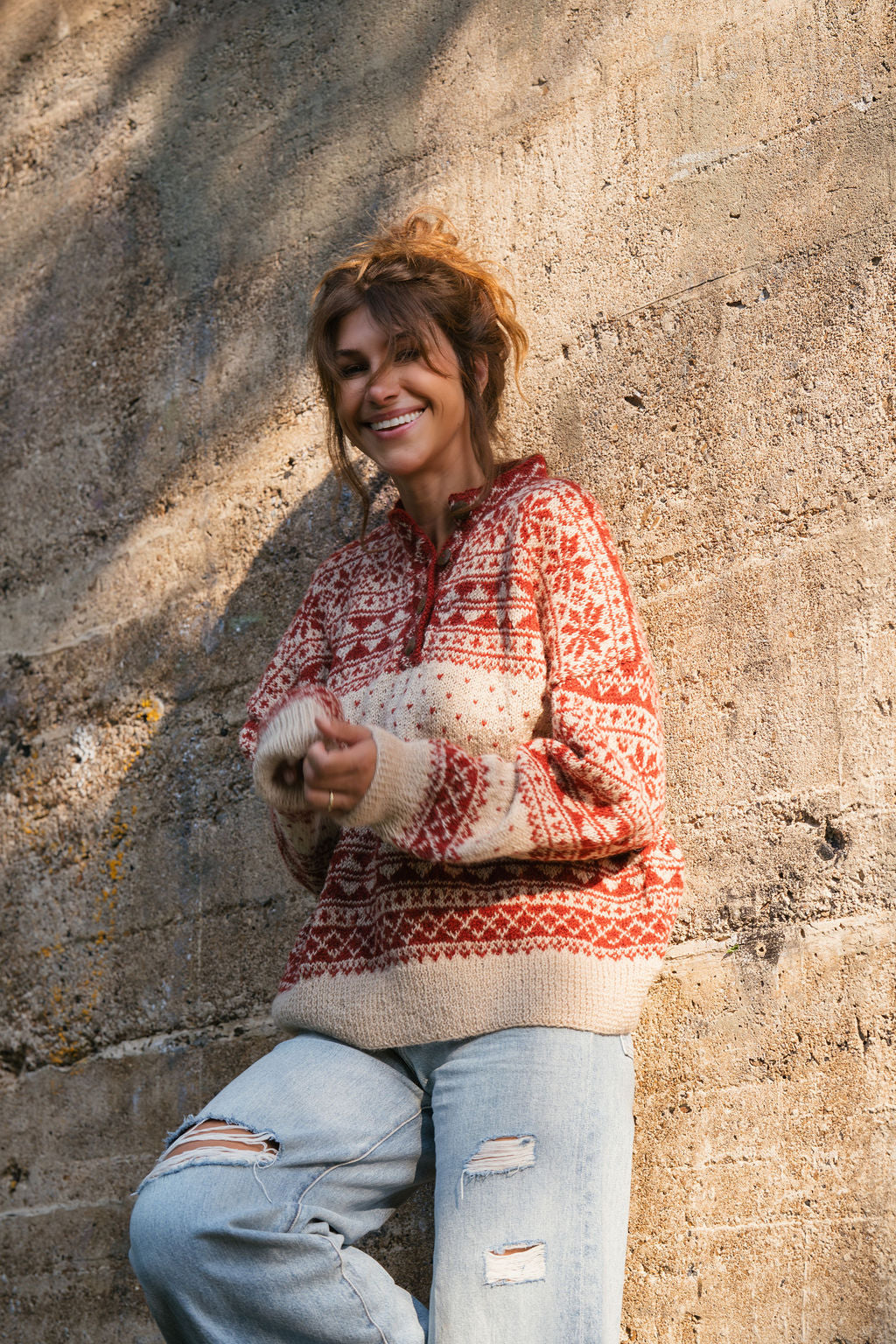 Imogene Oversized Wool Henley in Snowflake Print Made to Order