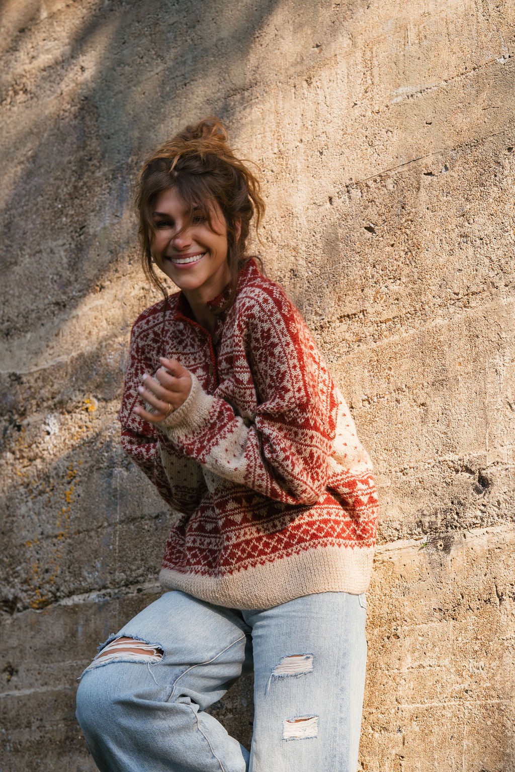 Imogene Oversized Wool Henley in Snowflake Print Made to Order