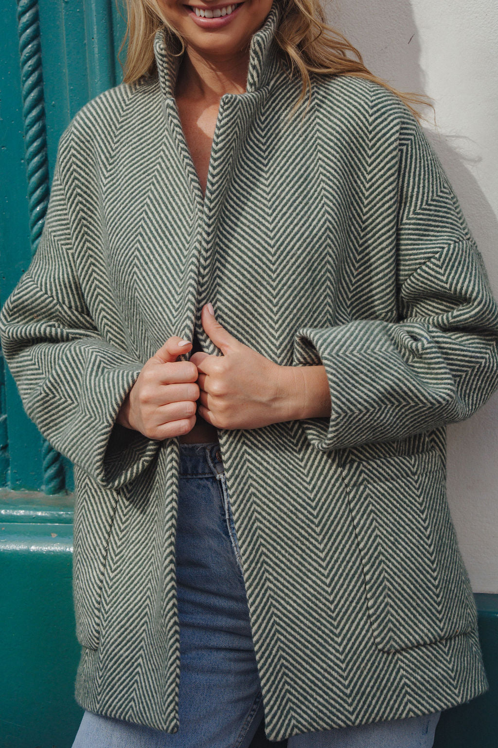 Portuguese Wool Pieper Coat in Teal and Cream Thin Stripe Made to Order