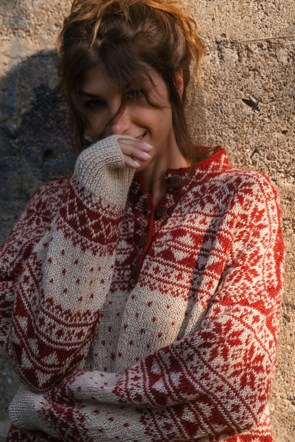 Imogene Oversized Wool Henley in Snowflake Print Made to Order