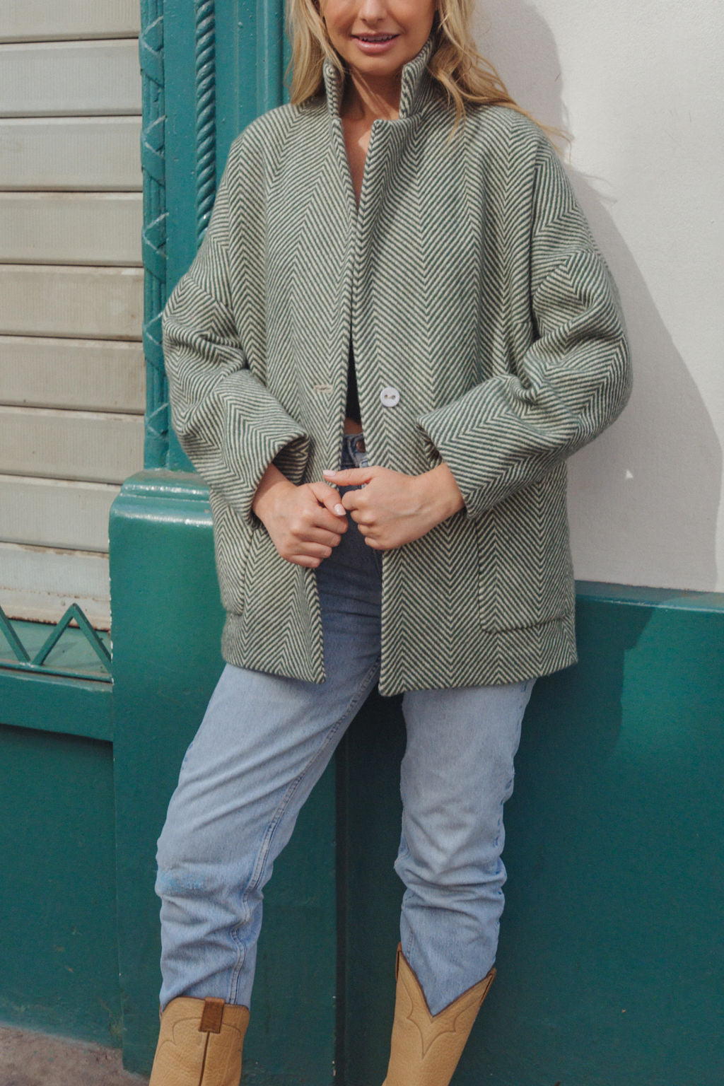 Portuguese Wool Pieper Coat in Teal and Cream Thin Stripe Made to Order