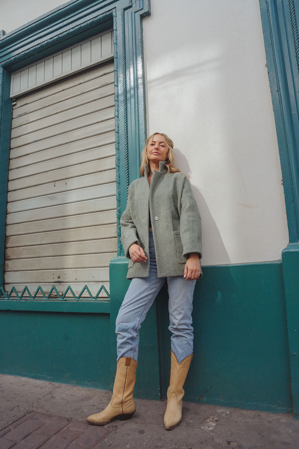 Portuguese Wool Pieper Coat in Teal and Cream Thin Stripe Made to Order