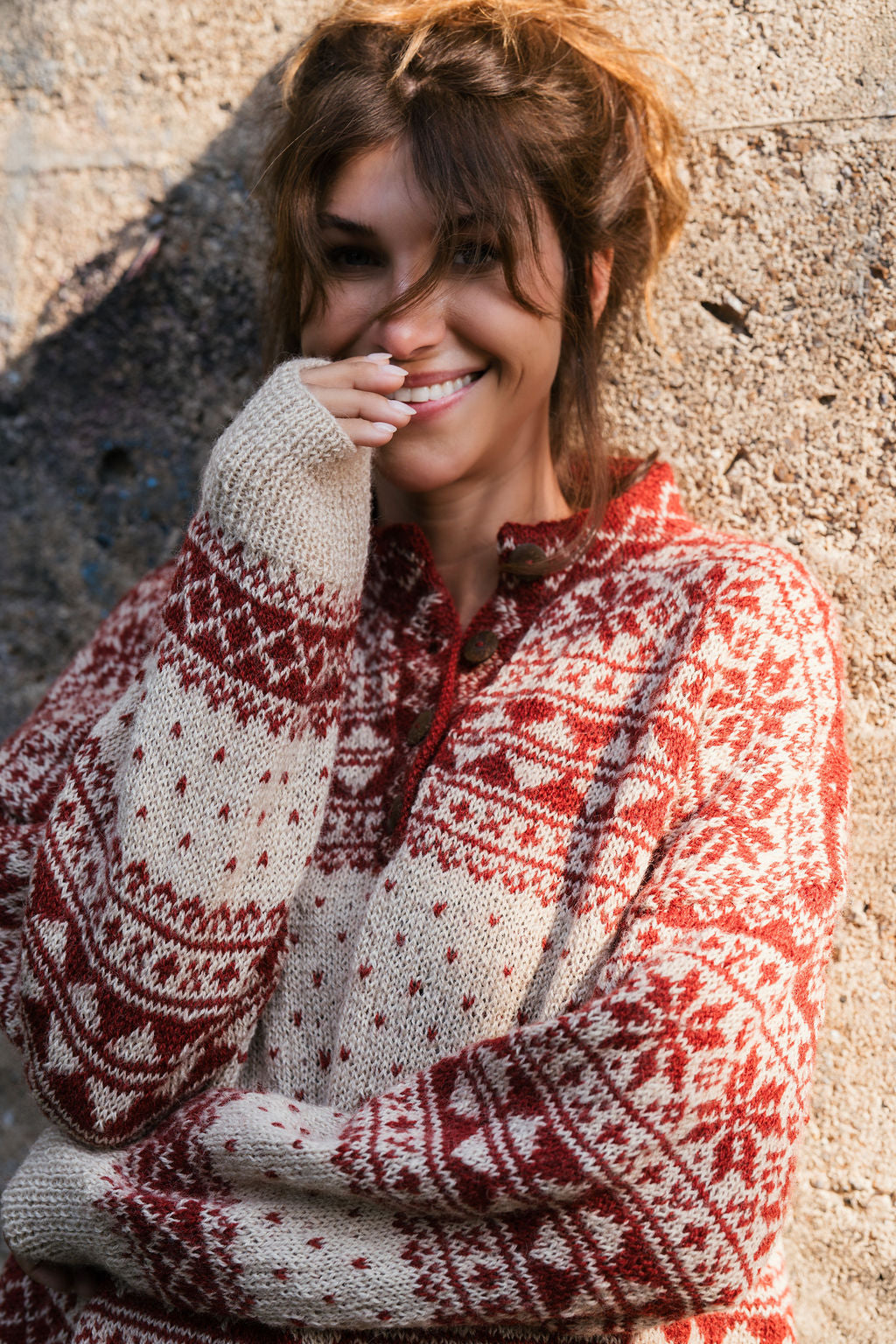 Imogene Oversized Wool Henley in Snowflake Print Made to Order