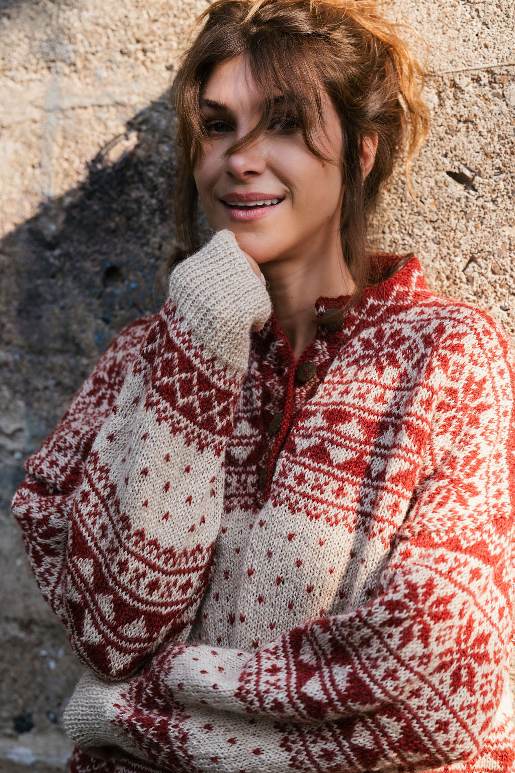 Imogene Oversized Wool Henley in Snowflake Print Made to Order