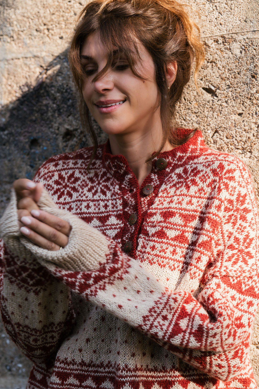 Imogene Oversized Wool Henley in Snowflake Print Made to Order