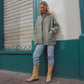 Portuguese Wool Pieper Coat in Teal and Cream Thin Stripe Made to Order
