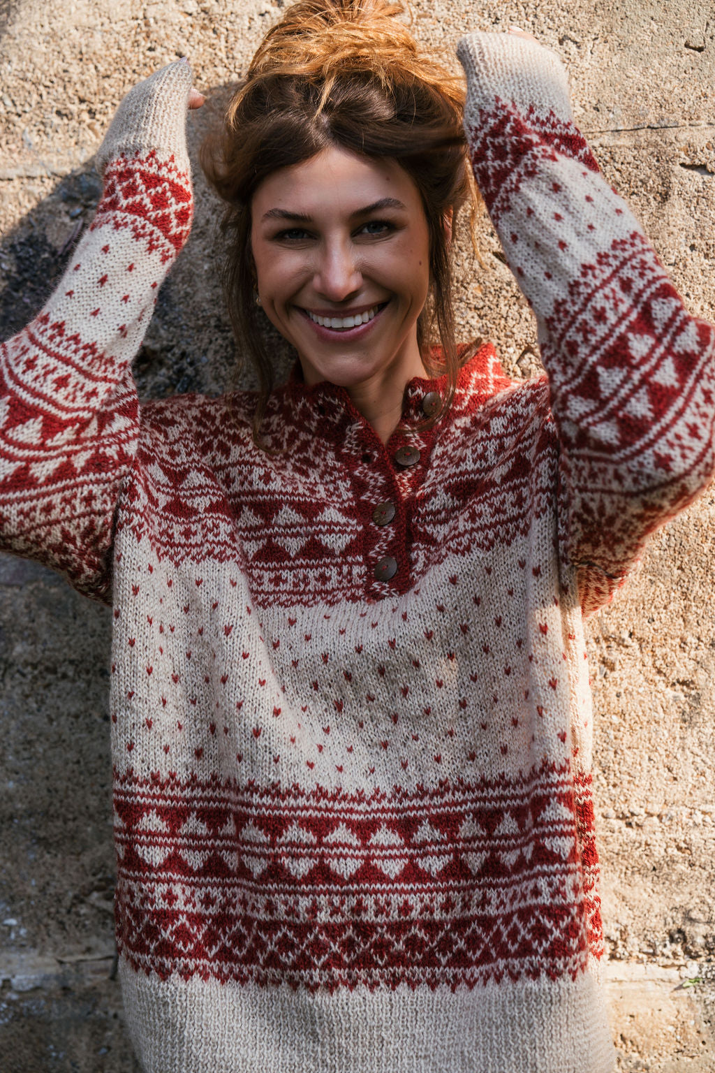 Imogene Oversized Wool Henley in Snowflake Print Made to Order