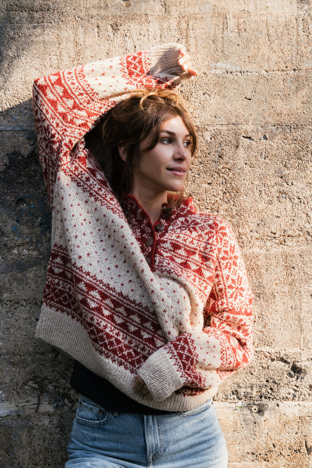 Imogene Oversized Wool Henley in Snowflake Print Made to Order