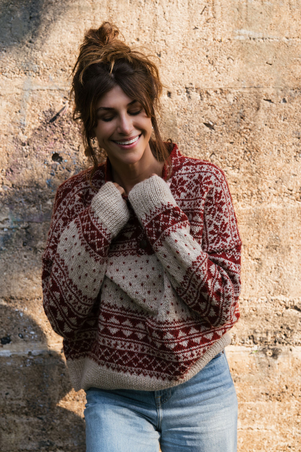 Imogene Oversized Wool Henley in Snowflake Print Made to Order