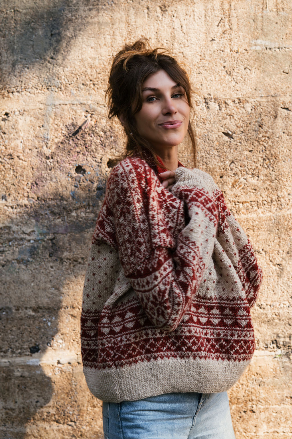 Imogene Oversized Wool Henley in Snowflake Print Made to Order