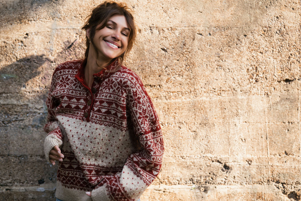 Imogene Oversized Wool Henley in Snowflake Print Made to Order