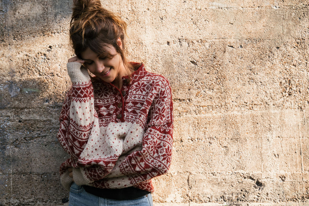 Imogene Oversized Wool Henley in Snowflake Print Made to Order