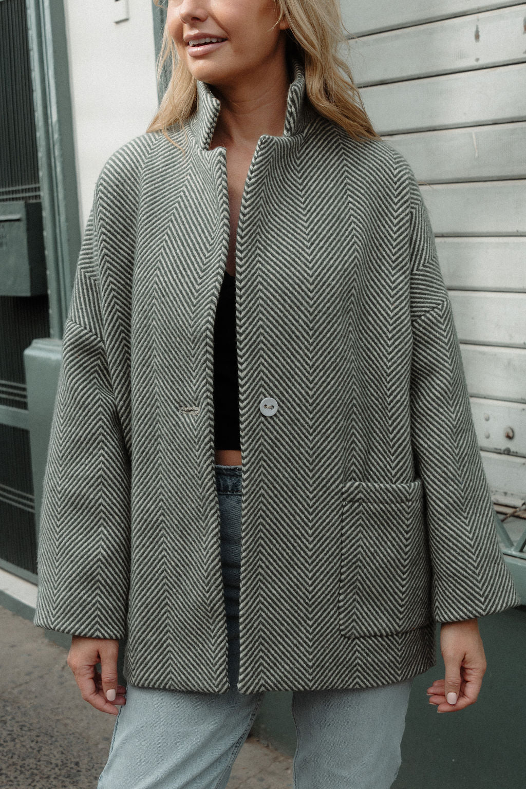 Portuguese Wool Pieper Coat in Teal and Cream Thin Stripe Made to Order