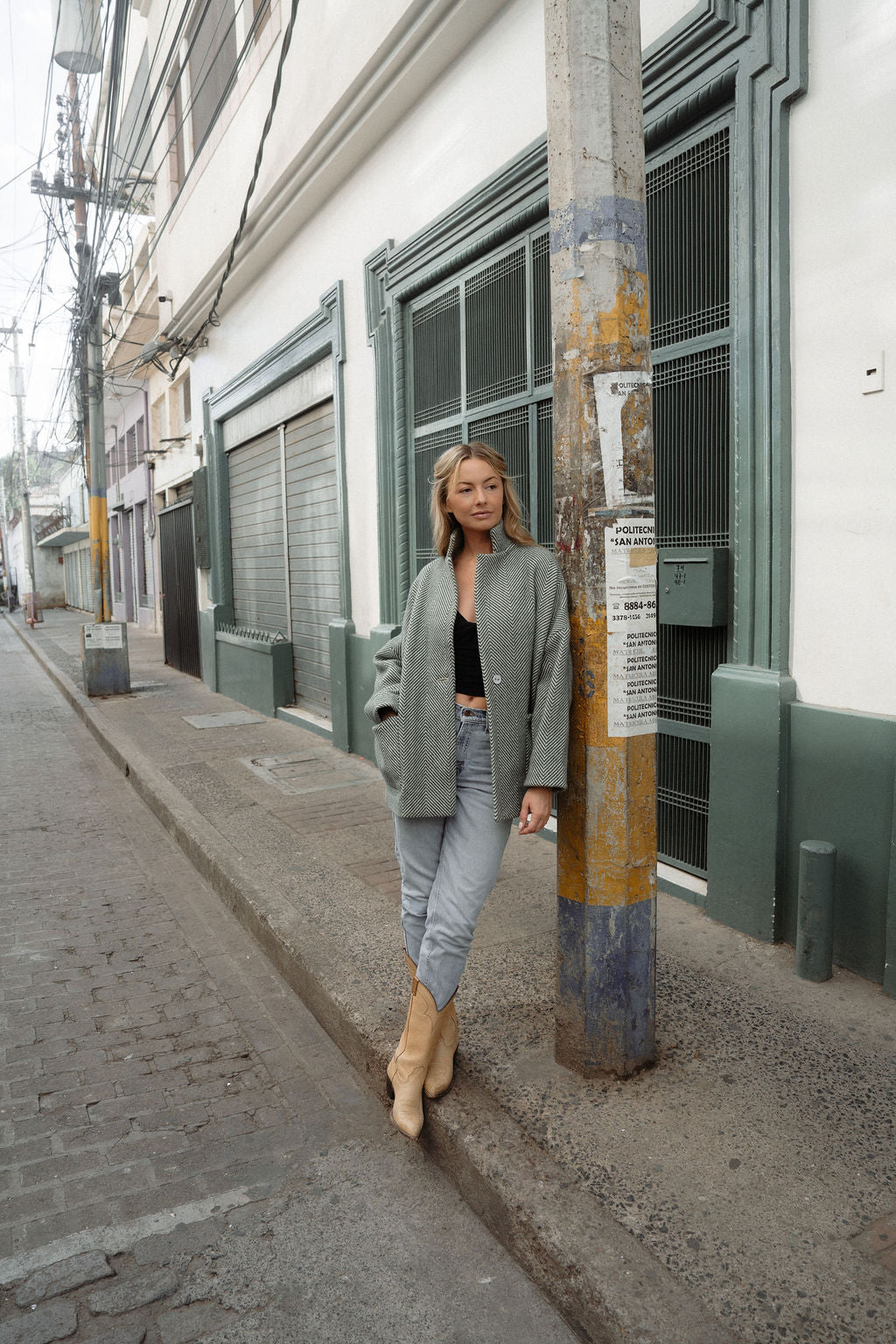 Portuguese Wool Pieper Coat in Teal and Cream Thin Stripe Made to Order