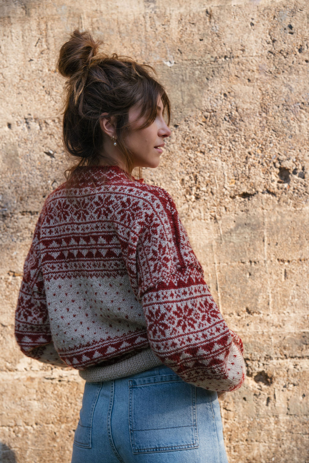 Imogene Oversized Wool Henley in Snowflake Print Made to Order