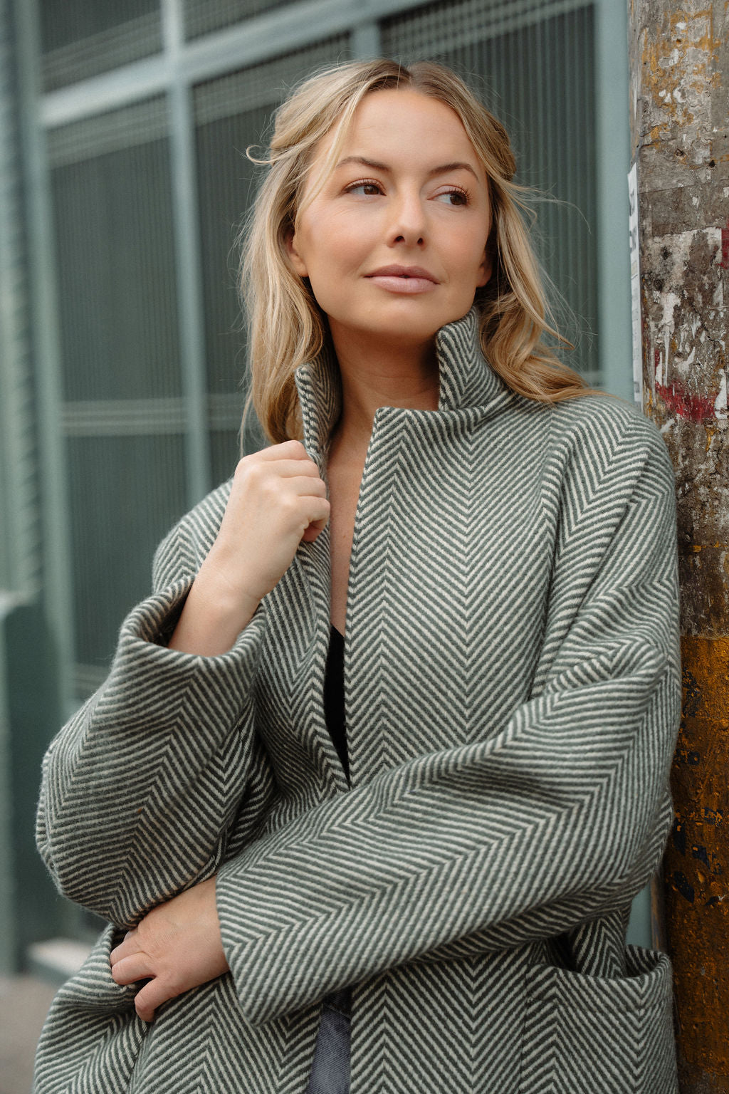 Portuguese Wool Pieper Coat in Teal and Cream Thin Stripe Made to Order