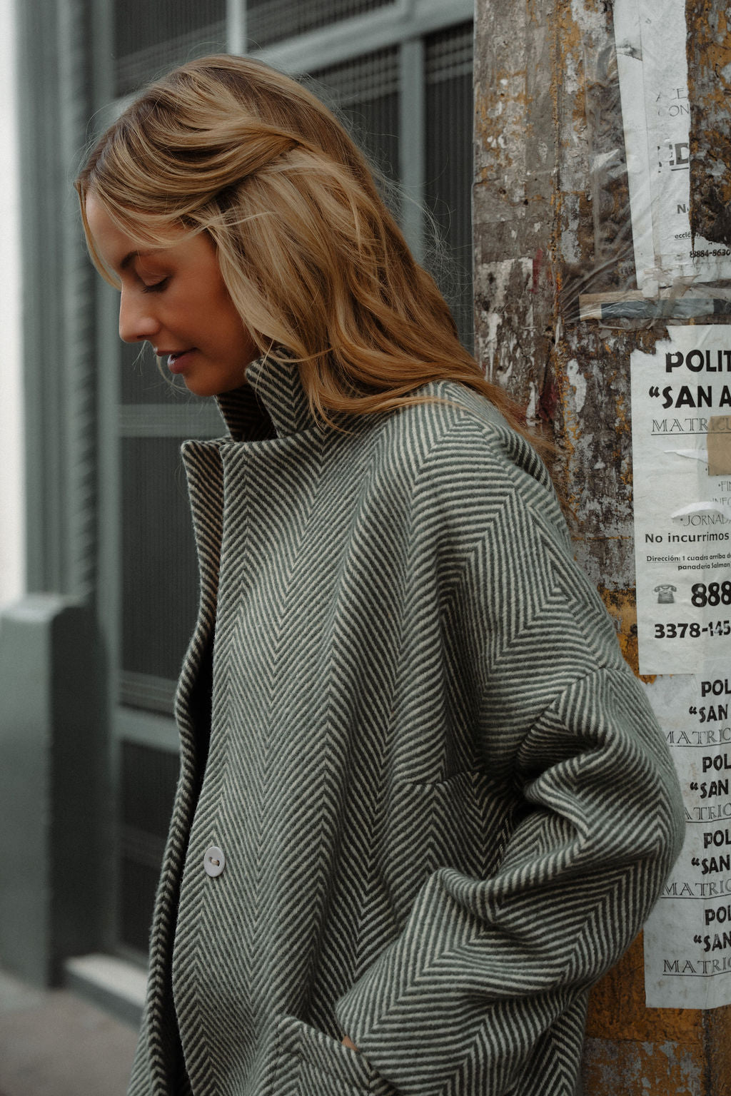 Portuguese Wool Pieper Coat in Teal and Cream Thin Stripe Made to Order
